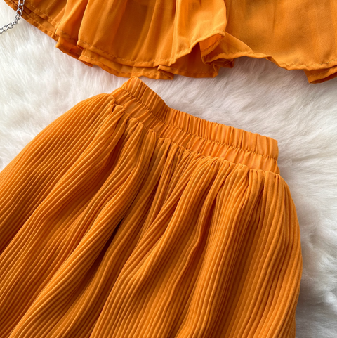 3D Flower Top & Half-body Skirt Pleated 2Pcs
