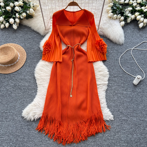 Lapeled Pleated Fringed Knit Dress