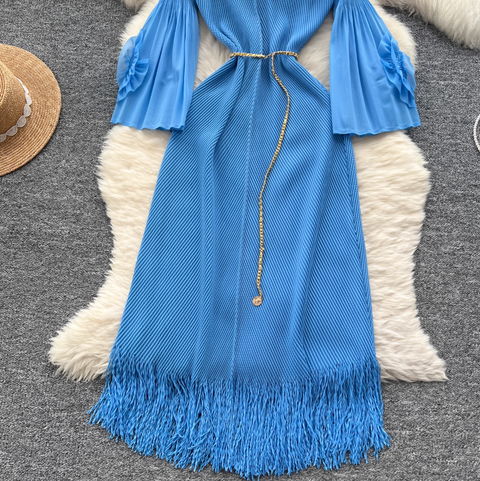 Lapeled Pleated Fringed Knit Dress