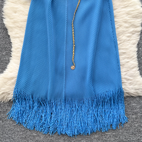 Lapeled Pleated Fringed Knit Dress