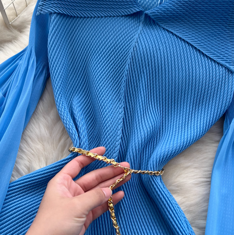 Lapeled Pleated Fringed Knit Dress