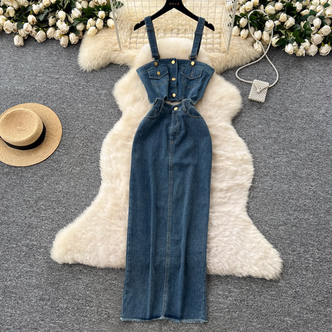 Denim Camisole & Slim Skirt 2Pcs