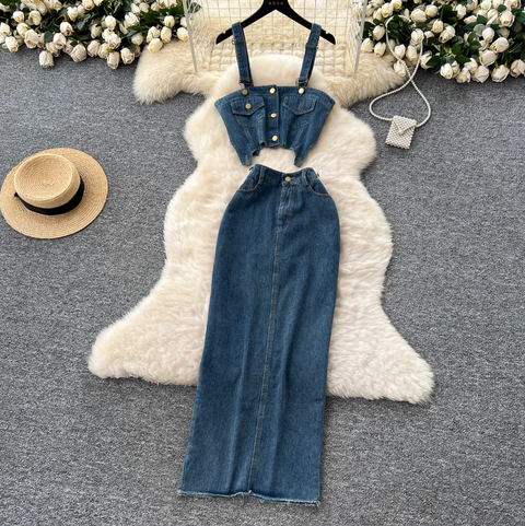 Denim Camisole & Slim Skirt 2Pcs