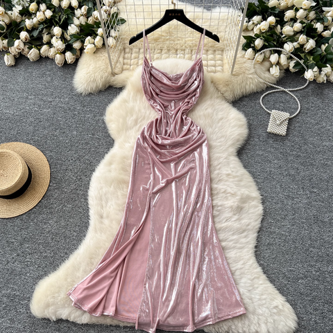 Draped Neckline Pleated Slip Dress