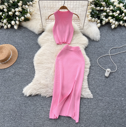 Sleeveless Top & Split Skirt Knitted 2Pcs