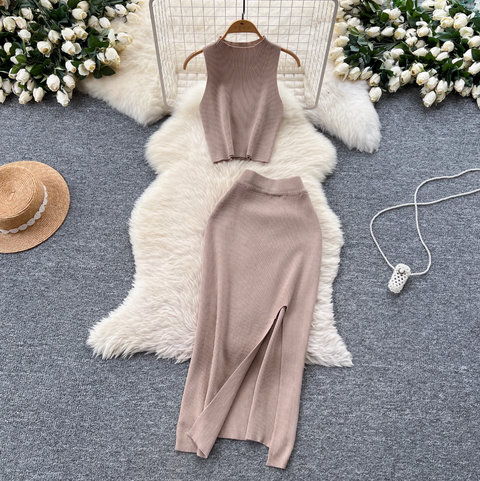 Sleeveless Top & Split Skirt Knitted 2Pcs