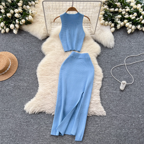 Sleeveless Top & Split Skirt Knitted 2Pcs