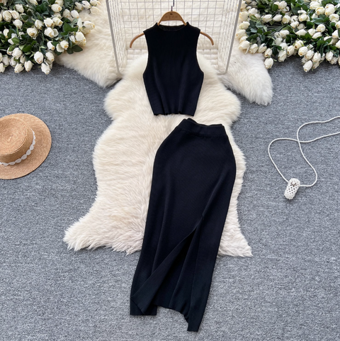 Sleeveless Top & Split Skirt Knitted 2Pcs