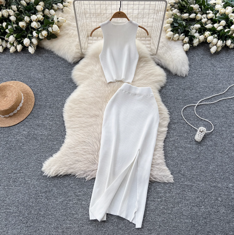 Sleeveless Top & Split Skirt Knitted 2Pcs