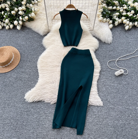 Sleeveless Top & Split Skirt Knitted 2Pcs