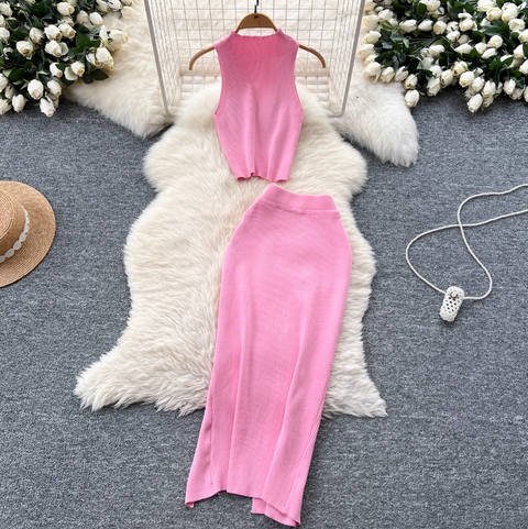Sleeveless Top & Split Skirt Knitted 2Pcs