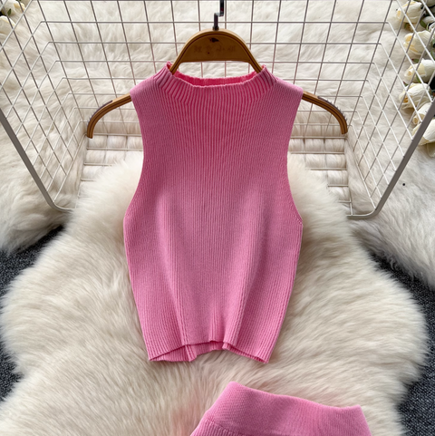 Sleeveless Top & Split Skirt Knitted 2Pcs
