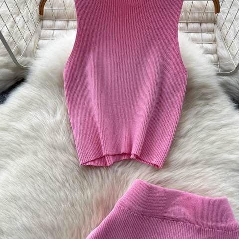 Sleeveless Top & Split Skirt Knitted 2Pcs