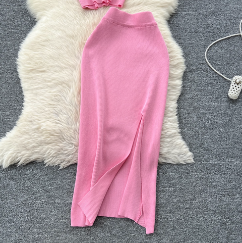 Sleeveless Top & Split Skirt Knitted 2Pcs