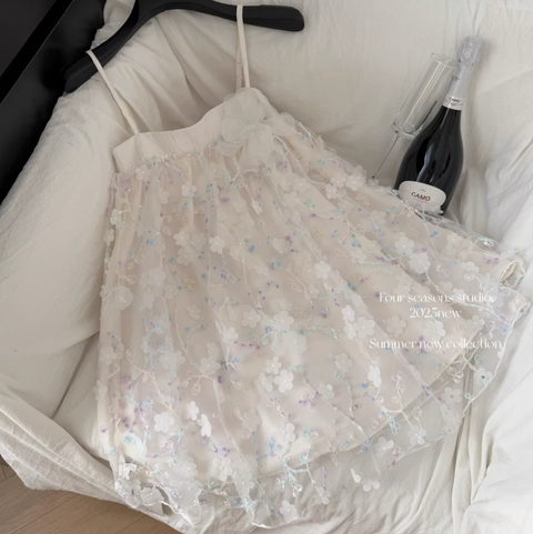 3d Embroidery White Slip Dress