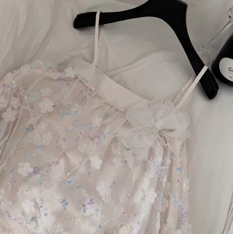 3d Embroidery White Slip Dress