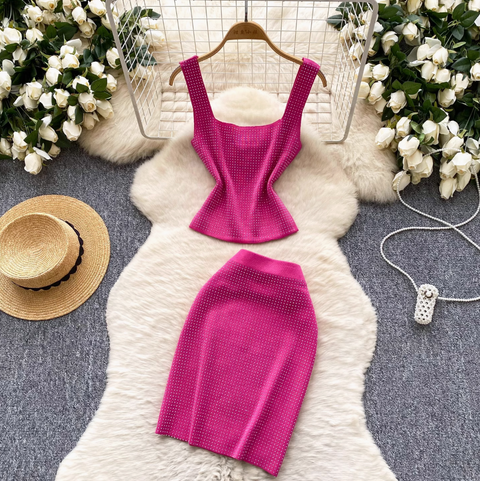 Rhinestone Studded Camisole & Skirt 2Pcs