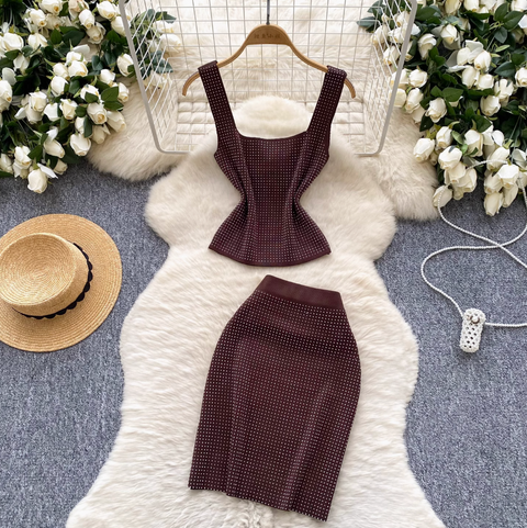Rhinestone Studded Camisole & Skirt 2Pcs