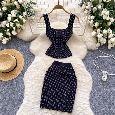 Rhinestone Studded Camisole & Skirt 2Pcs