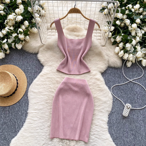 Rhinestone Studded Camisole & Skirt 2Pcs