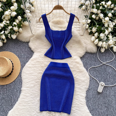 Rhinestone Studded Camisole & Skirt 2Pcs