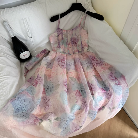 Purplish Floral Lace-up Slip Dress