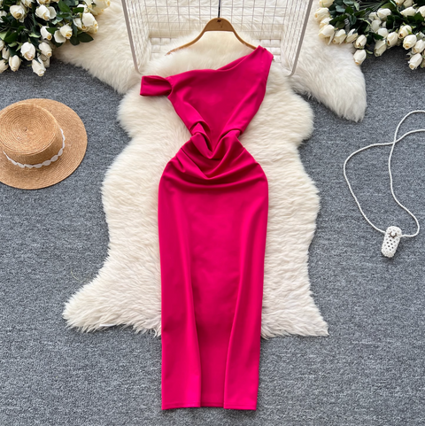 Slant Neckline Slim-fit Party Dress