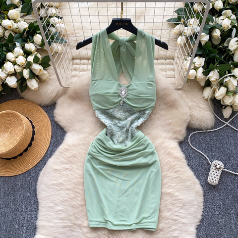 Rhinestone Studded Lace-up Halter Dress