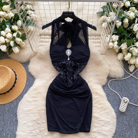 Rhinestone Studded Lace-up Halter Dress