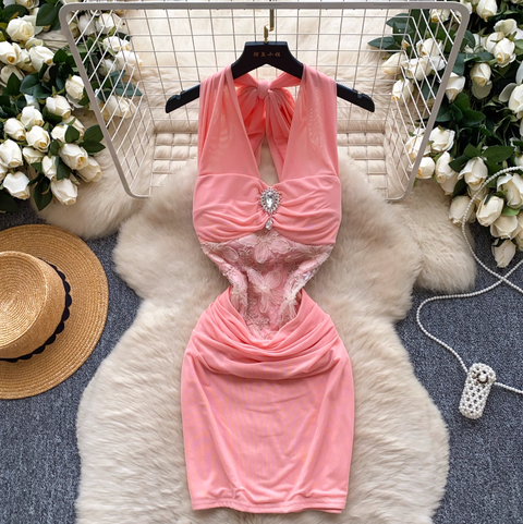 Rhinestone Studded Lace-up Halter Dress