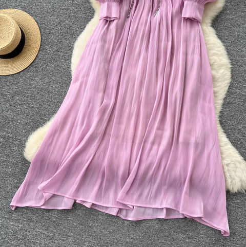 French Style V-neck Glossy Chiffon Dress