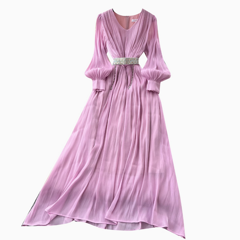 French Style V-neck Glossy Chiffon Dress