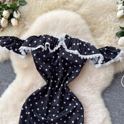 Off-shoulder Polka Dot Black Dress