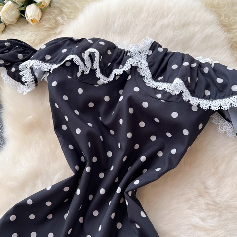 Off-shoulder Polka Dot Black Dress