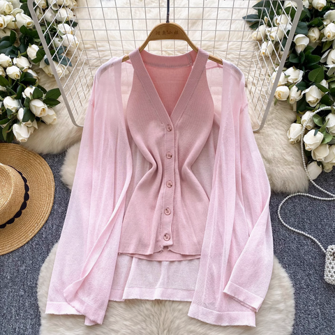 Knitted Vest & Sunscreen Cardigan 2Pcs