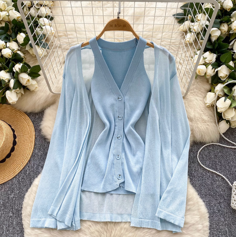 Knitted Vest & Sunscreen Cardigan 2Pcs