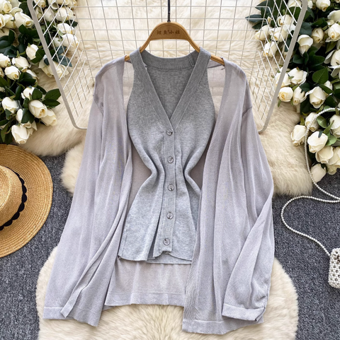 Knitted Vest & Sunscreen Cardigan 2Pcs