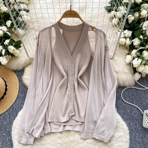 Knitted Vest & Sunscreen Cardigan 2Pcs