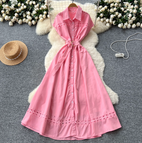 Elegant Hollowed Patchwork Shirt Dress