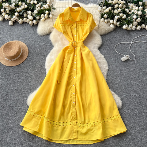 Elegant Hollowed Patchwork Shirt Dress