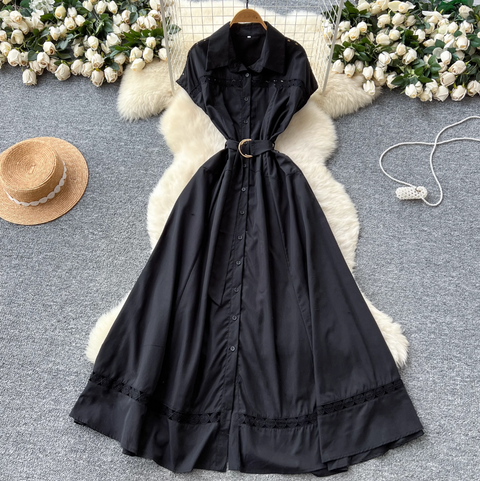 Elegant Hollowed Patchwork Shirt Dress