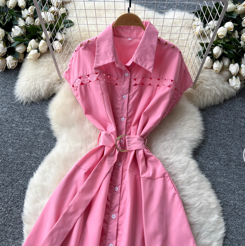 Elegant Hollowed Patchwork Shirt Dress