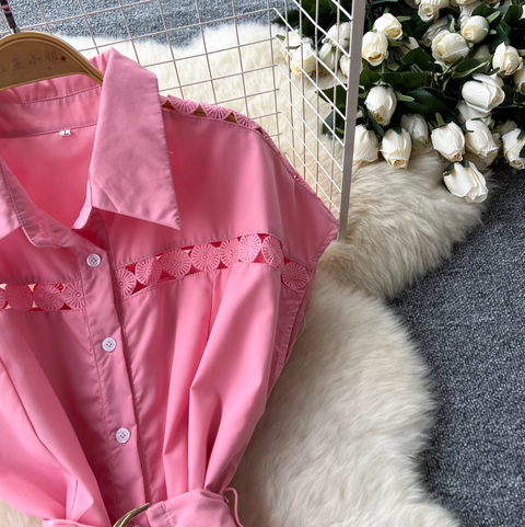 Elegant Hollowed Patchwork Shirt Dress