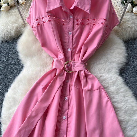 Elegant Hollowed Patchwork Shirt Dress