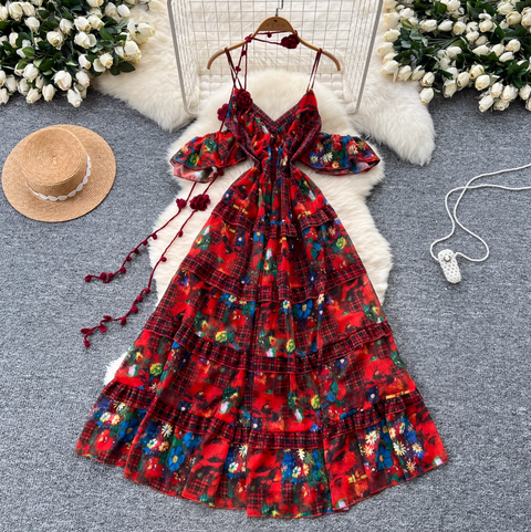 Niche Design Floral Plaid Slip Dress