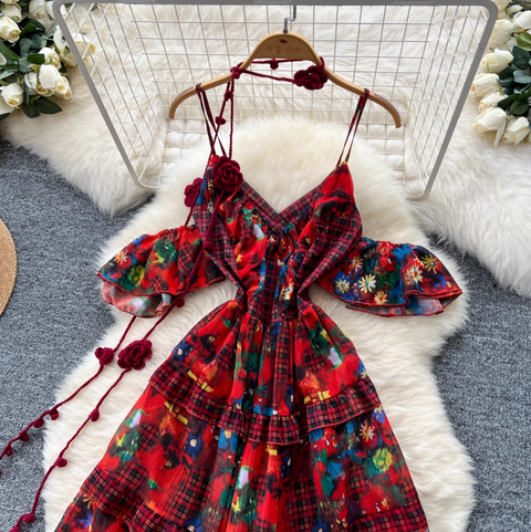 Niche Design Floral Plaid Slip Dress