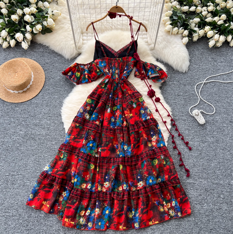 Niche Design Floral Plaid Slip Dress