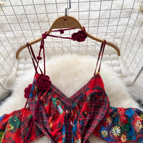 Niche Design Floral Plaid Slip Dress