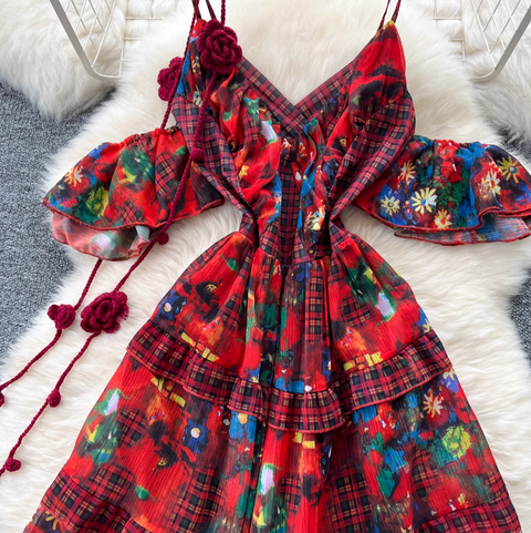 Niche Design Floral Plaid Slip Dress