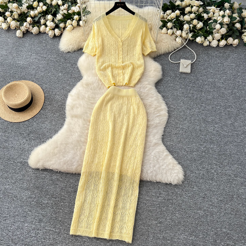 Hollowed Crochet Cardigan & Skirt 2Pcs